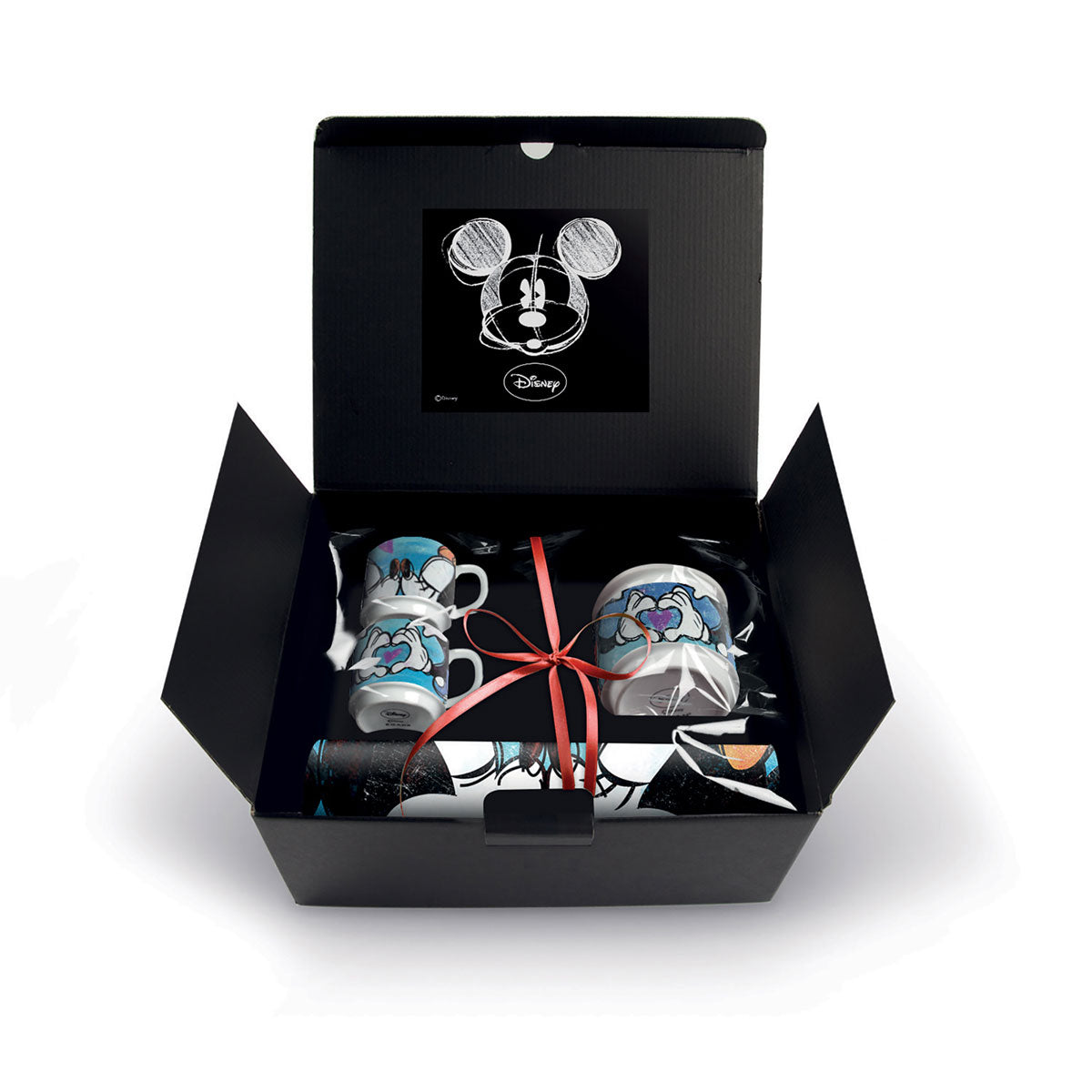 Set 2 Tazze Caffè Impilabili Mickey con Zuccheriera e Tovaglietta